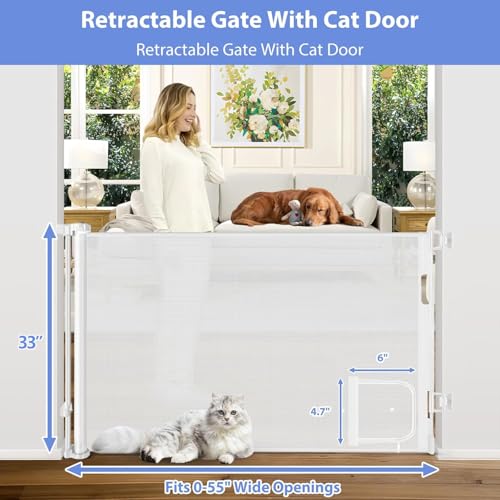 Retractable Baby Gate with Cat Door 55" Wide Retractable Baby Gate for Stairs Mesh Baby Gate with Pet Door Retractable Dog Gate for The House Retractable Pet Gate with Door Safety Gates for Toddlers (White / 33" X 55"（With Cat Door ）)