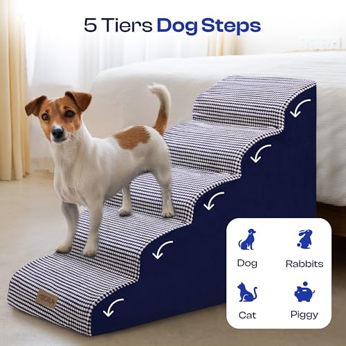 Dog Stairs for High Beds (White-navy / Stairs 24.5"H)
