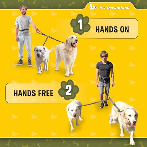 Exquisite Hands Free Dual Dog Leash for Large Dogs. Trending Waist Leash for Walking 2 Dogs No Tangle. You Will Absolutely Love This Amazing Double Dog Gear (Dark Grey & Pink)