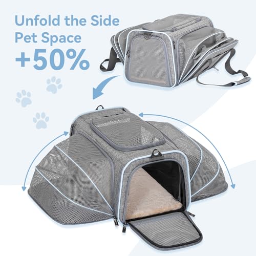 Small Double Expandable Cat Carrier for Kittens and Air Travel (16.0"L x 10.0"W x 9.0"H / Light Grey)