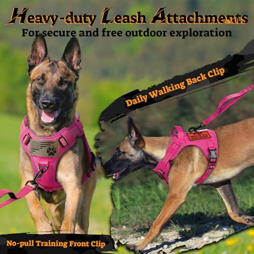 Tactical Dog Harness for Large Dogs (L(Chest:22"-37",Neck:21.1"-30.3",Back:8.3") / Rose Red)
