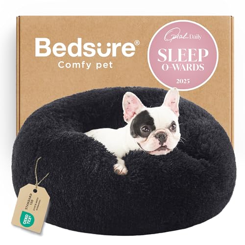 Calming Small Dog Bed Donut Washable Cat＆Puppy Bed (23"L x 23"W x 8"Th / Black)