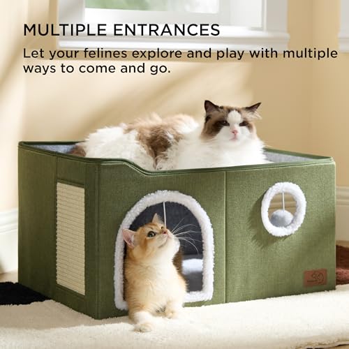Extra Wide Cat House Bed with Fluffy Ball and Scratch Pad (Loden Green / Widen)