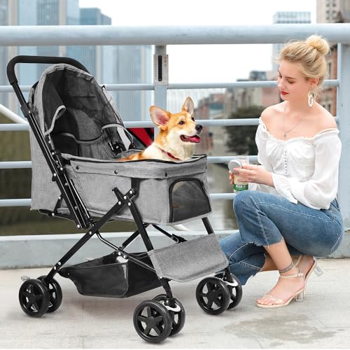 Pet Stroller with Reversible Handle for Dogs (Linen Gray)