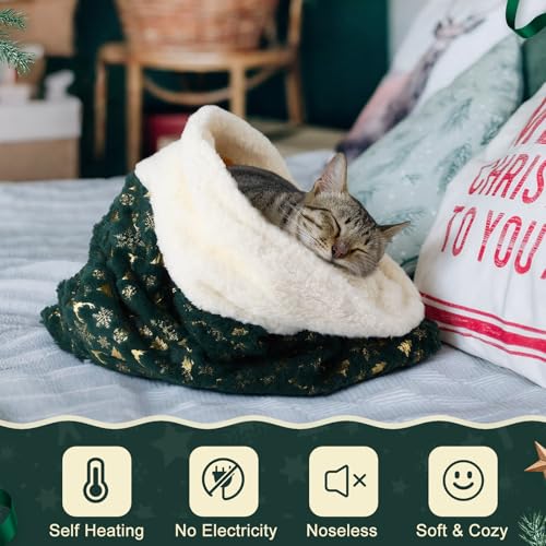 Christmas Self Warming Cat Sleeping Bag Cave Bed (Christmas Style / Green)