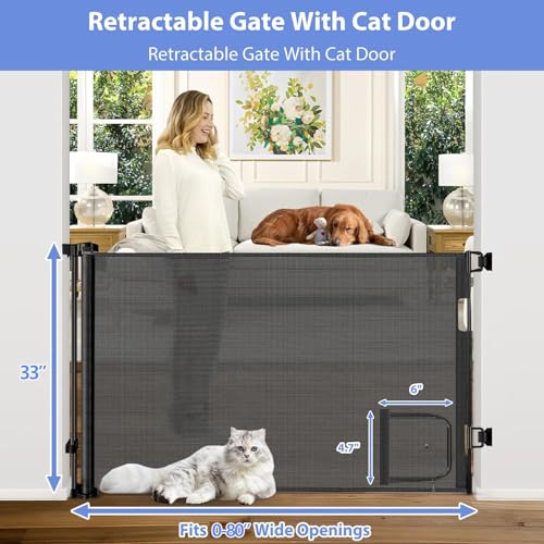 Retractable Baby Gates with Cat Door 80" Wide Retractable Dog Gate with Pet Door Outdoor Retractable Gate for Dogs Retractable Pet Gate with Door Mesh Baby Gate Retractable Mesh Dog Gate (Black / 33" X 80"（With Cat Door ）)