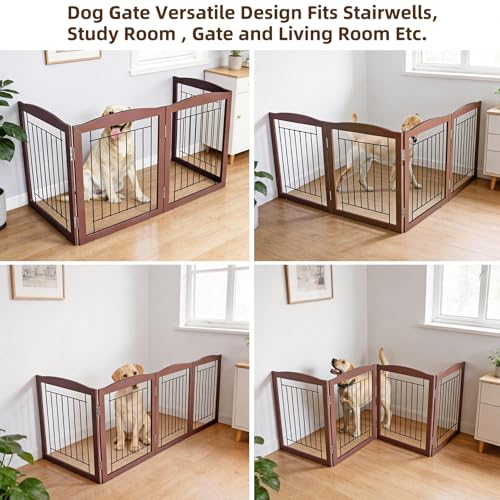 Freestanding Foldable Dog Gate for House Extra Wide Wooden Brown Puppy Gate Stairs Dog Gates Doorways Tall Pet Gate 32 "Height 4 Panels Pet Fence (Brown / 【4 Panels】80''w x 32''h)