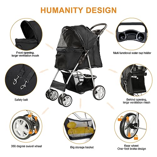 4 Wheel Pet Stroller for Small Dogs and Cats (Pure Black)