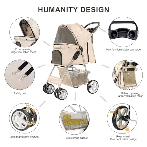 4 Wheel Pet Stroller for Small Dogs and Cats (Gray)