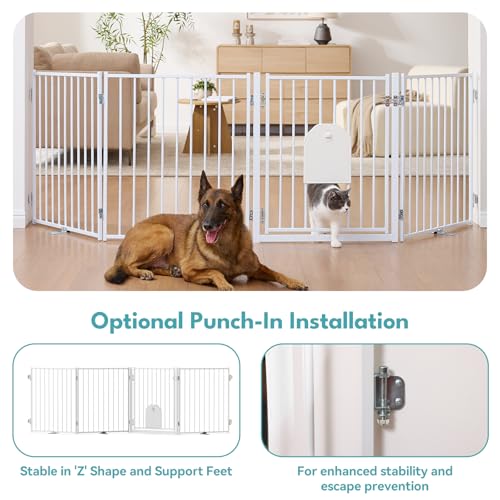 Freestanding Dog Gate with Cat Door for Indoor & Outdoor (White / 【6 Panels with Cat Door】30''Tall, 156" Wide)