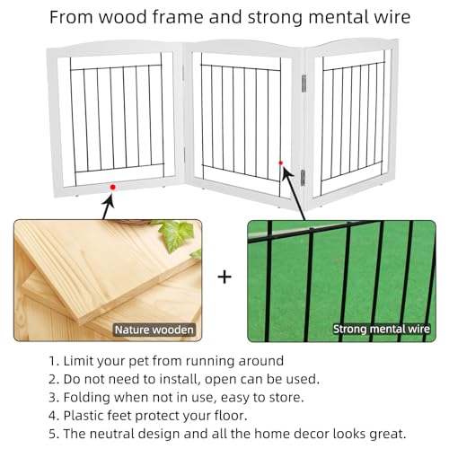 Freestanding Foldable Dog Gate for House Extra Wide Wooden White Indoor Puppy Gate Stairs Doorways Pet Gate Tall Dog Fence 3 Panels Fence (White / 【3 Panels】60''w x 24''h)