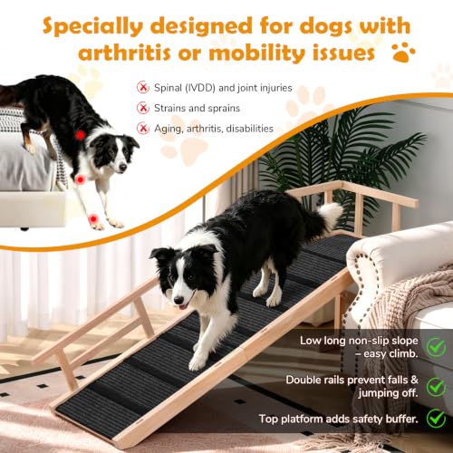 59" Wooden Dog Ramp with Platform & Wheels Gentle Slope Non (L-59"L×17"W×20"H)