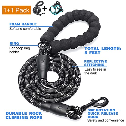 No Pull Dog Harness Adjustable Reflective Oxford Easy Control Medium Large Dog Harness with A Free Heavy Duty 5ft Dog Leash (Black/Blue / Medium)