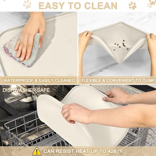Waterproof Silicone Pet Food Mat with Raised Edge for Dog & Cat (19"L x 12"W / White Sand)
