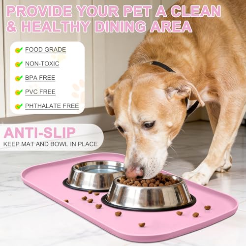 Waterproof Silicone Pet Food Mat with Raised Edge for Dog & Cat (Pink / 24"L x 16"W)