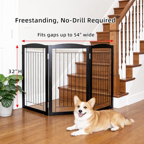 Freestanding Foldable Dog Gate for House Extra Wide Wooden Black Puppy Gate Stairs Dog Gates Doorways Tall Pet Gate 3 Panels Pet Fence (Black / 【3 Panels】60''w x 32''h)