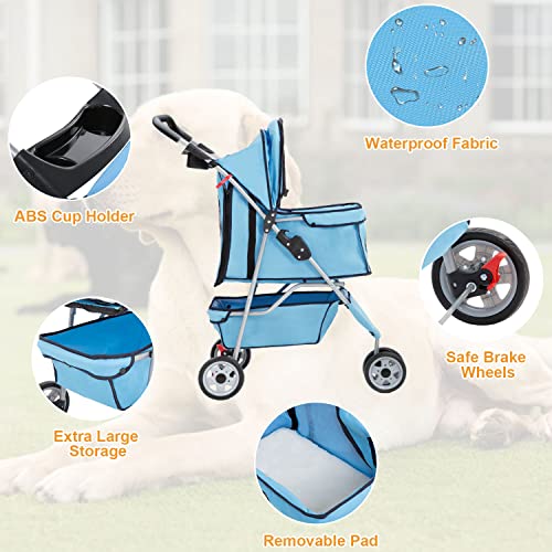 3 Wheel Foldable Pet Stroller (Blue / 3 Wheels)