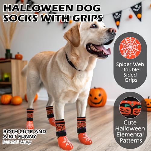 Halloween Anti Slip Dog Socks to Prevent Licking Paws (Medium (4 Count) / Halloween Orange)