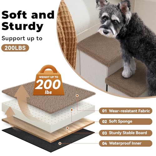 Dog Stairs with Storage Khaki Furry Lids 3 Steps Dog Ramp no Condo (Khaki Furry Lid No Condo / 3)
