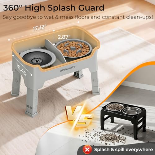 Mess Proof Elevated Dog Bowls 4 Height Adjustable Raised Stand (Light Grey / Large)