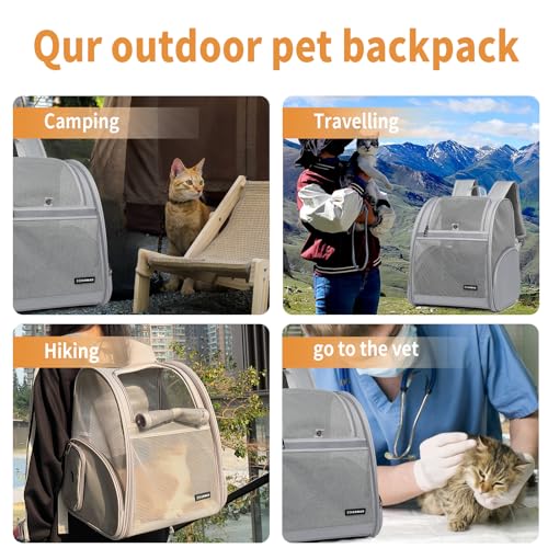 Cat Backpack Carrier for Small Dogs and Medium cat Puppy Kitten Bunny Pet Carrier Backpack Collapsible with Fully Ventilated Mesh with Safety Leash (Gray / 12.9"L x 10.62"W x 15.5"H)