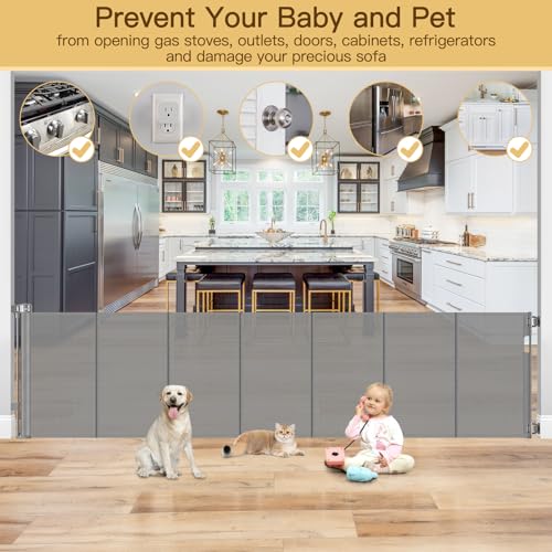 Reinforced 159 Inch Extra Wide Retractable Dog Gate with Support Rods (Gray / 37" Tall x 159" Wide（ With Reinforced Bar ）)