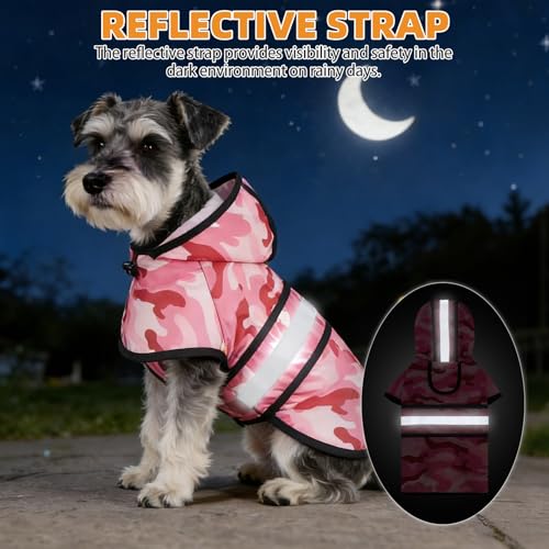 Dog Raincoat Hooded Slicker Poncho with Leash Hole (S:10-15lbs / Pink Camo)