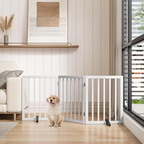 Dog Gates for The House Freestanding Foldable Pet Gates for Doorways 3 Panels 24'' Tall with 2PCS Support Feet Wooden White Dog Gate for Stairs (White / 3 Panel - 55 inches Wide)