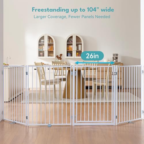 Freestanding Dog Gate with Door for Indoor & Outdoor (White / 【4 Panels with Door】104"W×36"H)