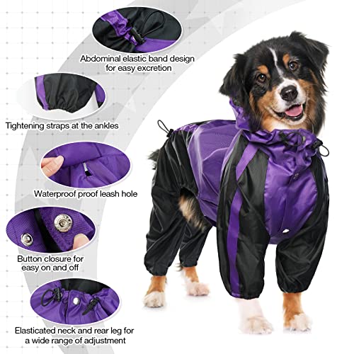 Dog Raincoat 4 Leg Waterproof Dog Rain Jacket with Hood (Purple / X-Large)