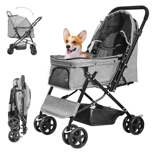 Pet Stroller with Reversible Handle for Dogs (Linen Gray)
