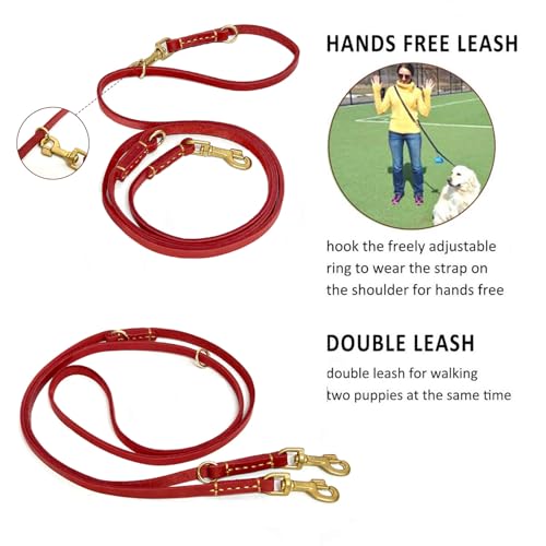 Multi Function 8ft Genuine Leather Hands Free Dog Training Leash for Puppy Small and Medium Dogs (Red / 8ft*3/8inch)