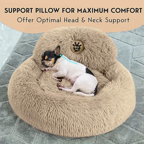 PetJett Calming Dog Beds for Small Dogs (Beige / Small - 23”L x 23”W x 8”Th)