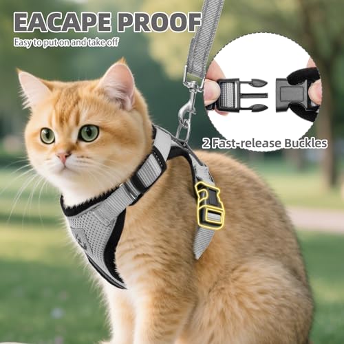 Cat Harness and Leash Set Escape Proof Reflective Cat Walking Harness Adjustable Soft Breathable Mesh Vest for Small Pets (M (NECK 11"-13.7", CHEST 16"-20") / Grey)