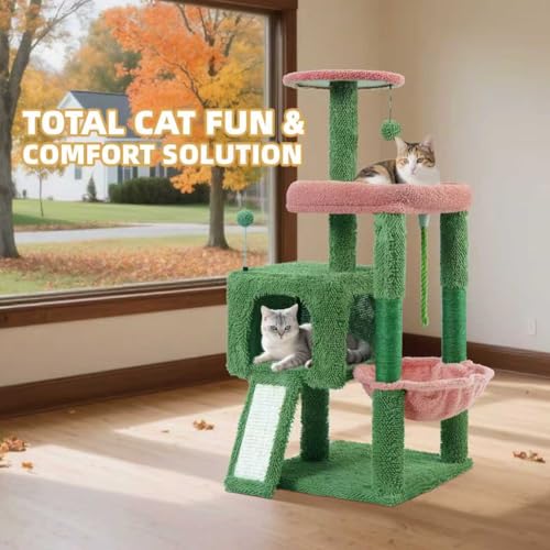 37.5" All-in-One Cat Tree Tower with Scratching Board & Posts Cozy Sleeping Perch Hammock and Toy Balls, Green (37.5'' / Green)