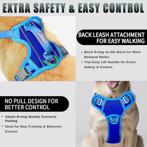 Dog Harness for Large Dogs No Pull Dog Vest ID Tag Pocket (Sapphire Blue & Blue / Large)