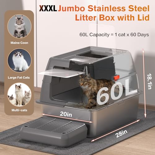 XXXL Stainless Steel Litter Box with Lid (Dark Grey)
