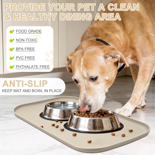 Waterproof Silicone Pet Food Mat with Raised Edge for Dog & Cat (Beige / 19"L x 12"W)