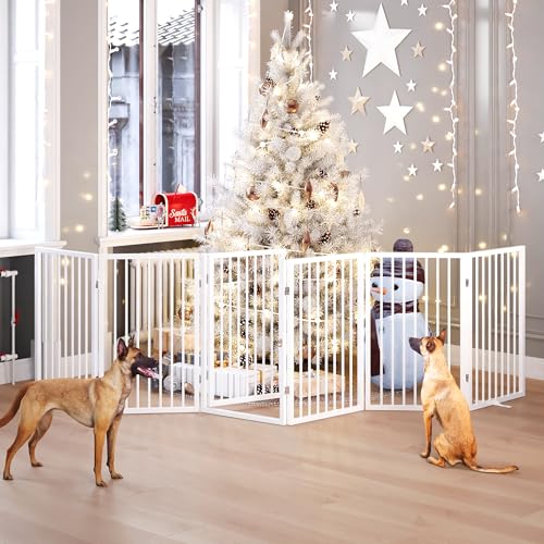 120" x 32" Foldable Freestanding Extra Wide Dog Gate with Door (White / 【6-Panel with Door】20W*32H)