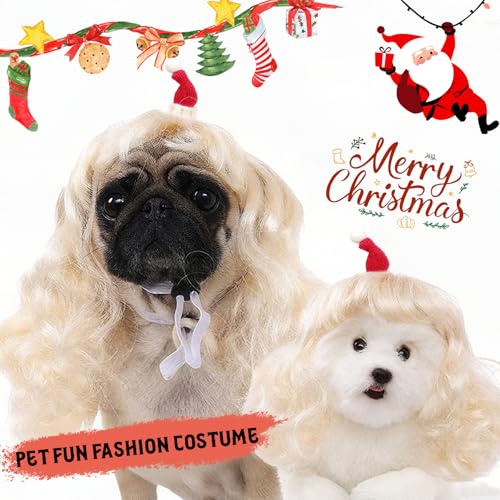 Dog Costume Long Blonde CurlyWigs with Small Red Christmas Hat StylingCute Funny Pet Costumes AccessoriesDecoration for Halloween (Gold Curly Wig)