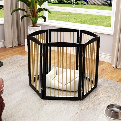 Freestanding Pet Gate for Dogs (32" Height-6 Panel / Black & Gold)