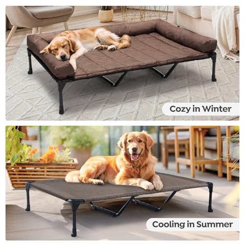 Outdoor Elevated Dog Bed with Waterproof Bolster Cushion (Brown / 59.0"L x 37.5"W x 9.0"Th)
