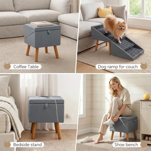 2-in-1 Wooden Pet Stairs & Ottoman 17" H Foldable Dog Ramp with Solid Wood Frame & Tech Cloth Surface Pet Footstool Steps with Non-Slip Surface for Puppy Senior Injured Dogs Couch Bed (Dark Gray / 16.1"L x 16.1"W x 17"H)