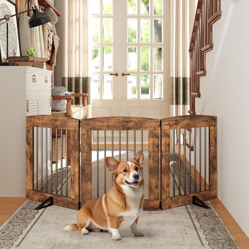 Indoor Dog Gate with Support Feet (Rustic Brown / 【3 Panels】61.4"L x 24"H)