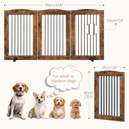 Indoor Dog Gate with Support Feet (Rustic Brown / 【3 Panels】61.4"L x 31.5"H)