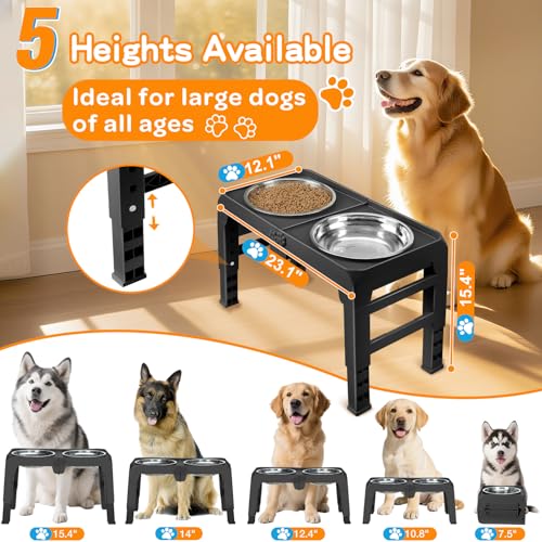 Elevated Dog Bowls for Large Dogs 5 Adjustable Heights 7.5" (Black / 10" for Large Dogs)