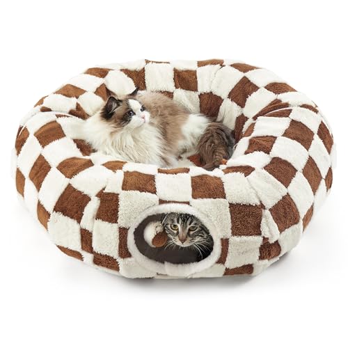 Lesure Donut Cute Jacquard Cat Tunnel Bed Kitten Toys for Puppy Bunny (Standard (33.5"L x 33.5"W x 10"H) / Brown Checks)