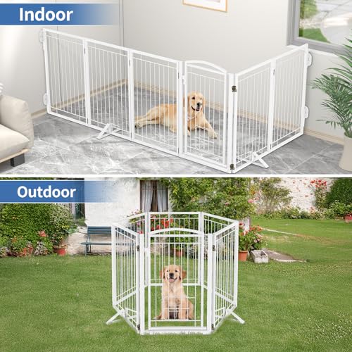 Metal Freestanding Dog Gate with Cat Door for Indoor&Outdoor (White / 【6 Panels with Door】120"W×32"H)