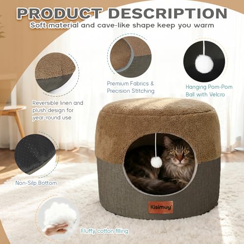 2-in-1 Cat Bed Cave, Cozy Covered Cat Beds for Indoor Cats,Pet Bed (Brown / L-19.7"Lx19.7"Wx15"H)