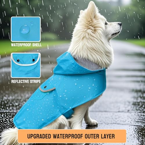Dog Raincoat Dogs Rain Jacket Reflective Poncho Rainwear Waterproof Pet Clothes Breathable Lined Pocket Hooded Leash Hole Adjustable Small Medium Dogs (Blue / L:Back Length 12.8")